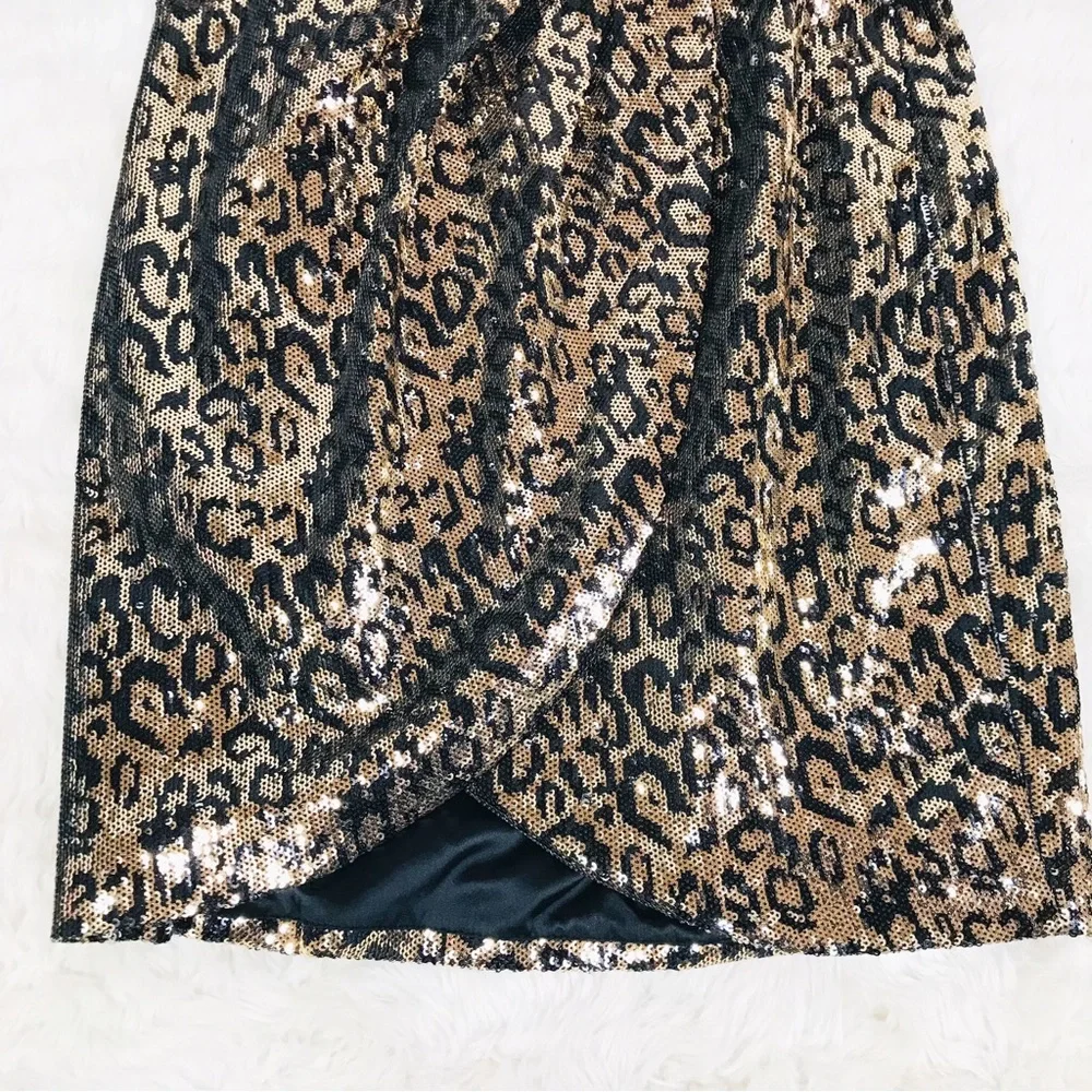 ASTR Selene Leopard Print Sequin Mini Dress Gold Black Wrap Mobwife‎ Size Small